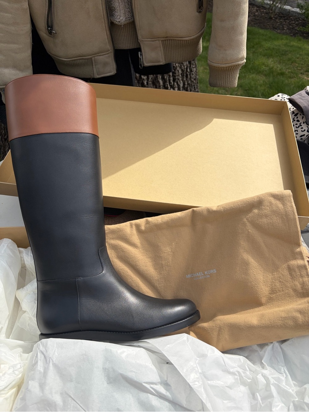 Michael Kors Black Leather Tall Boots with Brown Cuff